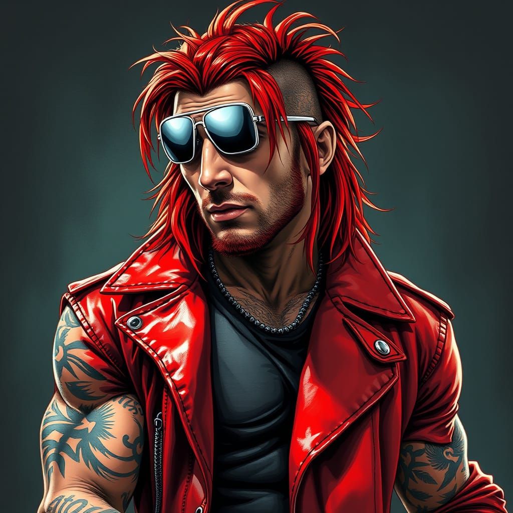 Edgy Wrestler with Red Hair and Leather Jacket in a Frazetta...