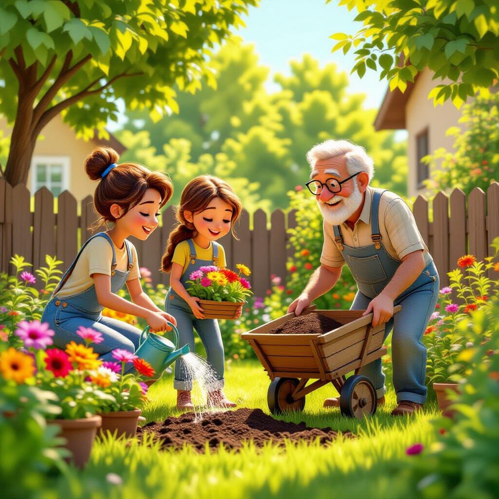Teens Help Grandfather in Vibrant Pixar-Style Garden