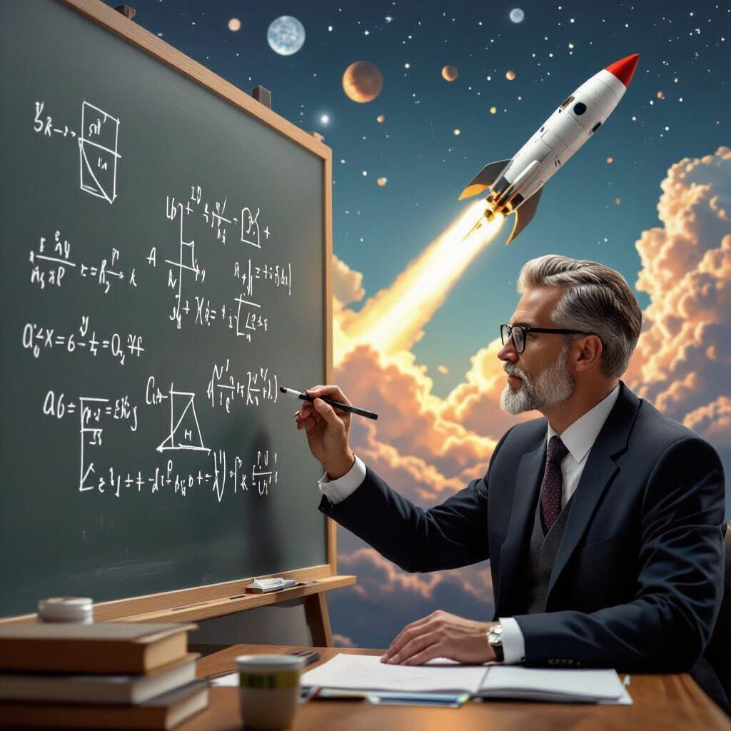 Math Professor's Rocket Launch: Detailed Matte Painting