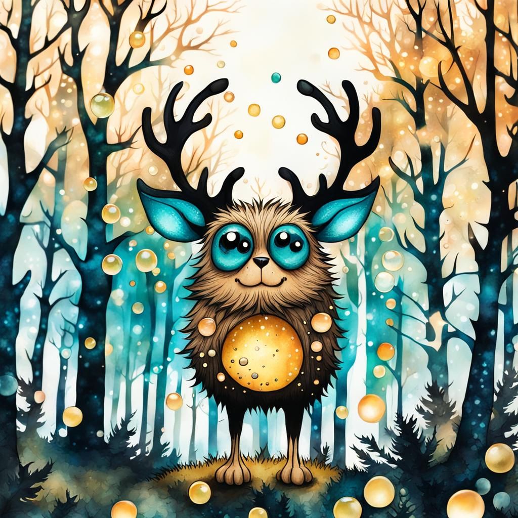 Cute Furry Monster with Antlers in Forest