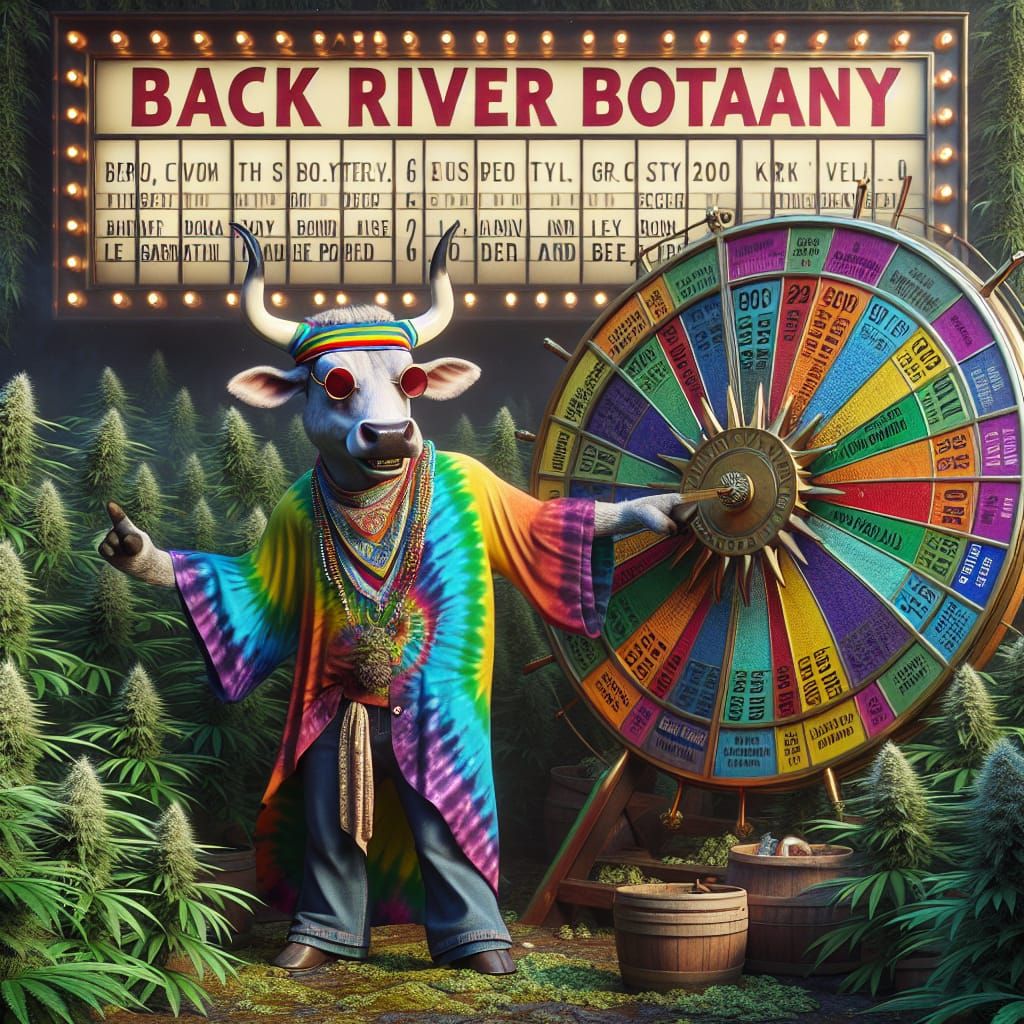 Hippie Bull Spins Lottery Wheel Amid Cannabis Plants