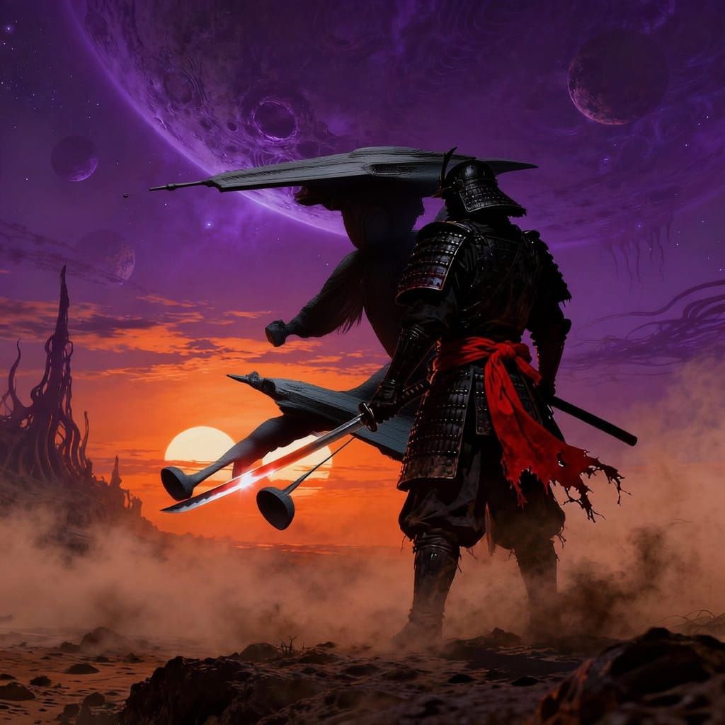 Samurai Warrior on Alien Planet at Sunset