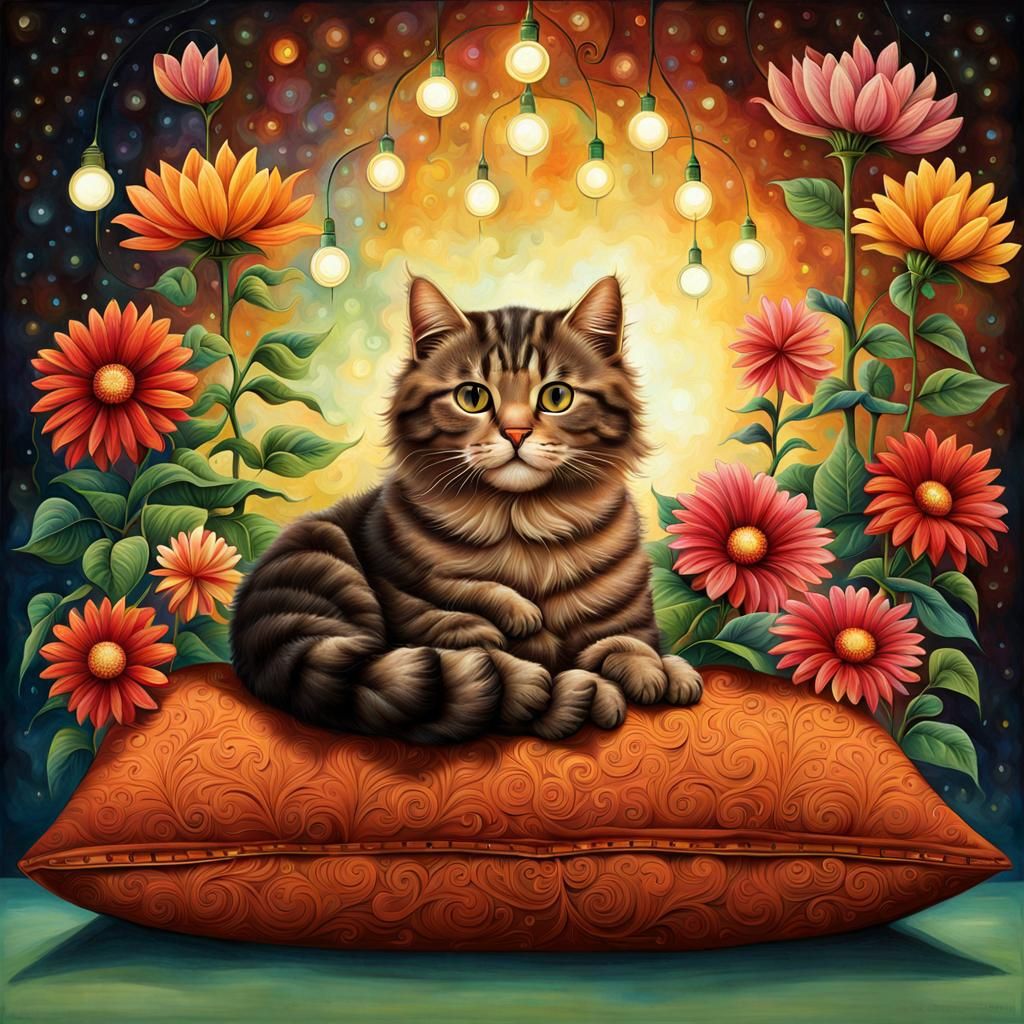 Cat Surrounded by Flowers in Surrealist Style