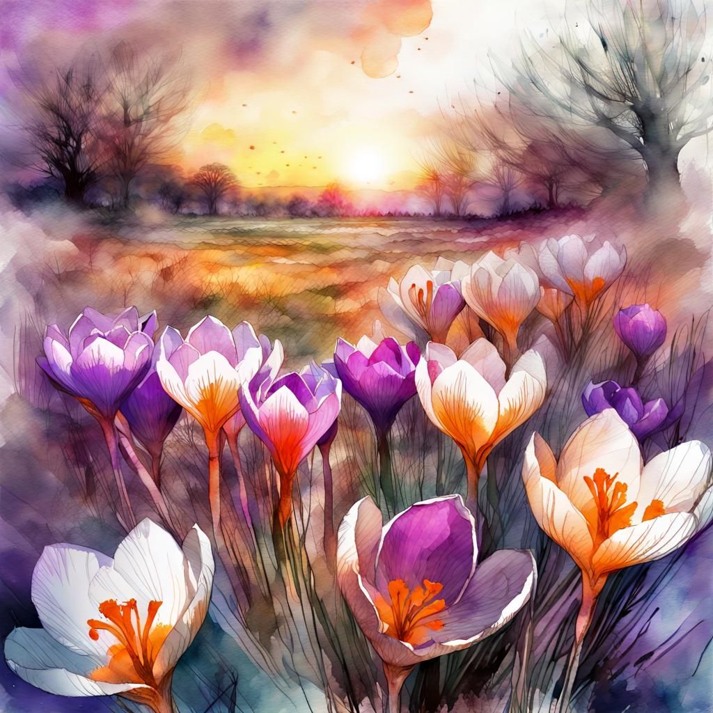 Crocus Field at Sunset in Watercolor Style
