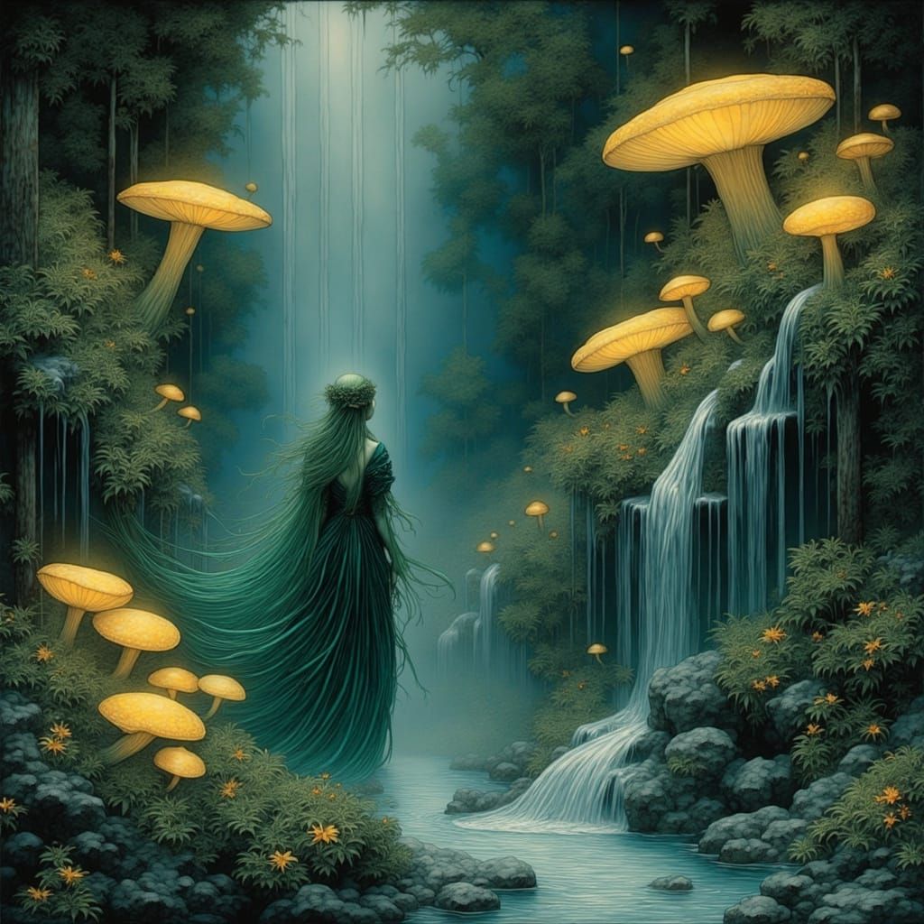 Ethereal Forest Nymph with Bioluminescent Hair and Crystal W...