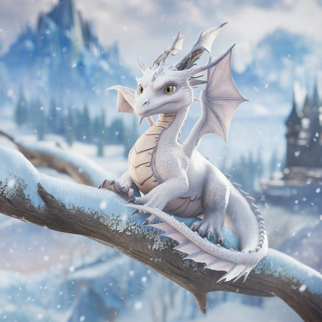 Little White Dragon in Snowy Landscape