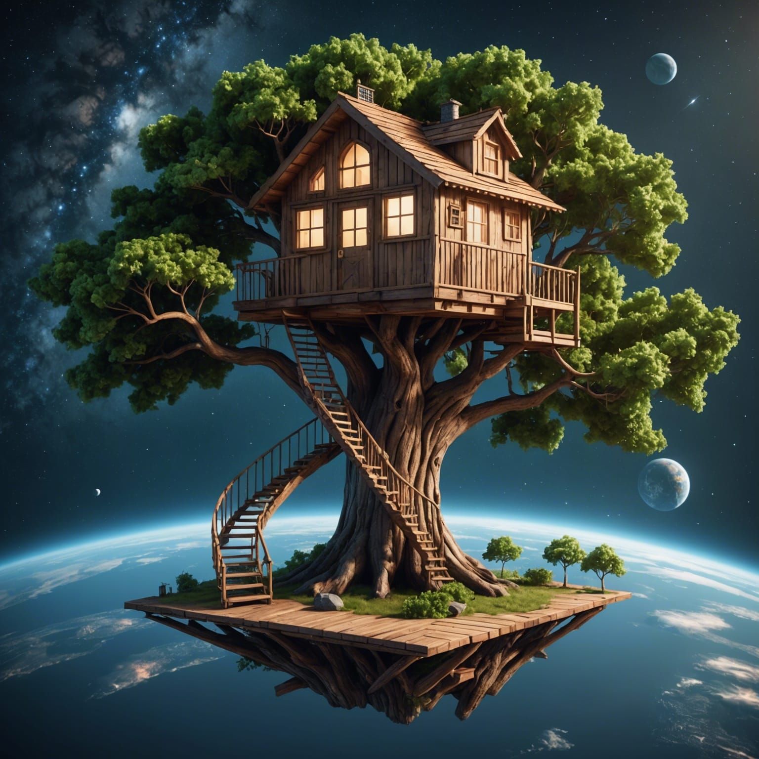 Treehouse Floating in Space: Photorealistic 3D Render
