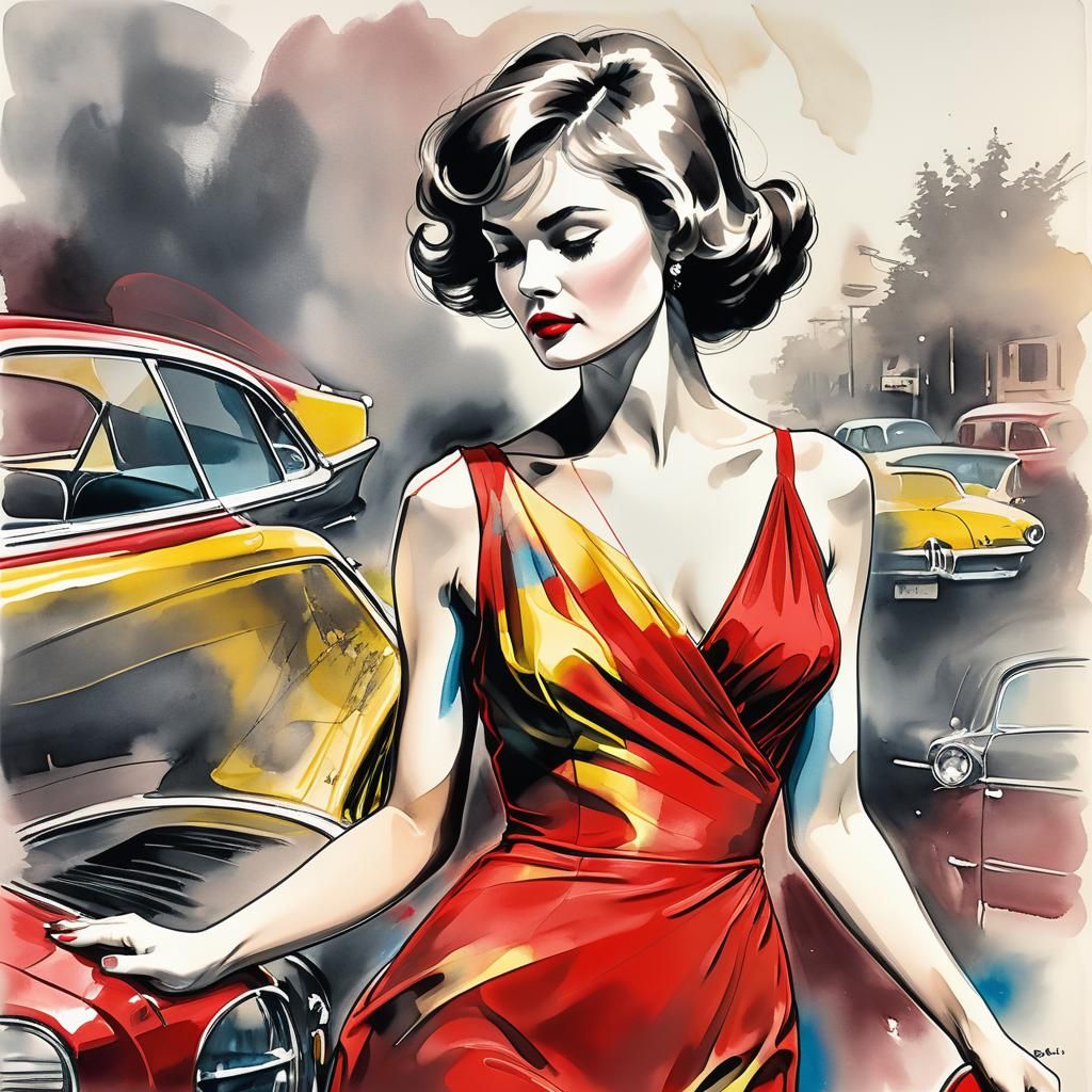 Cars and Woman in Red Dress, Alcohol Ink Style