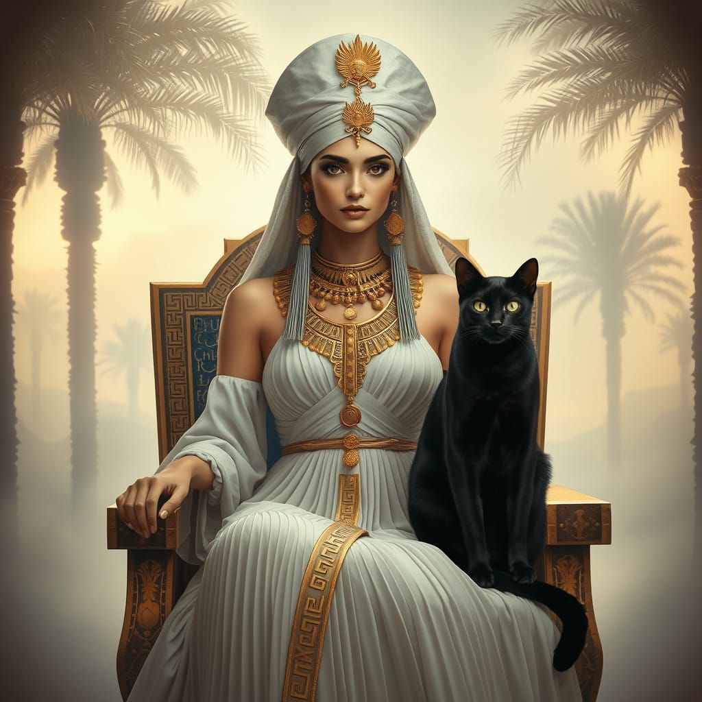Egyptian Goddess with Regal Cat in Mystical Ancient Landscap...