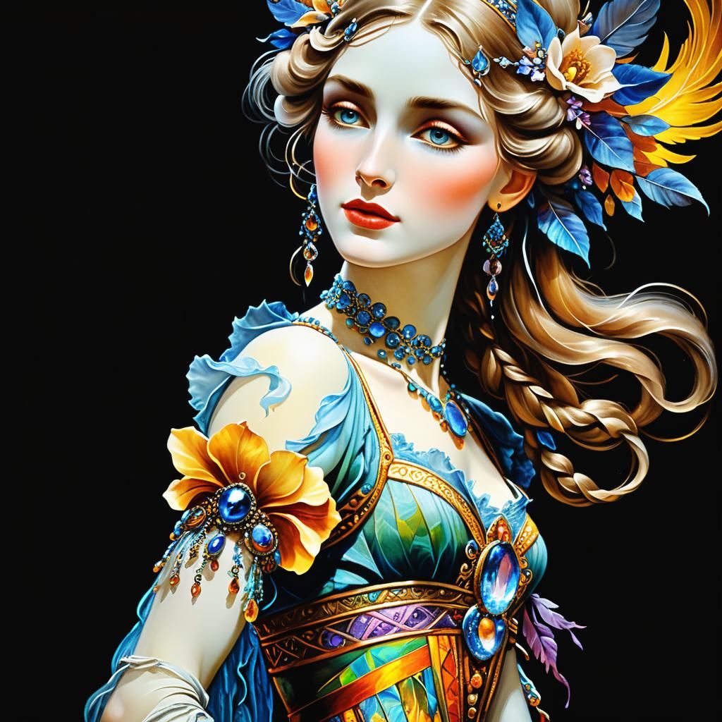 Surreal Cowgirl in Dreamscape, Art Nouveau Style