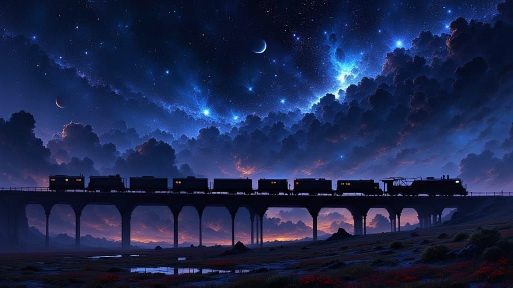 Mysterious Night Train in Starry Nebula Sky