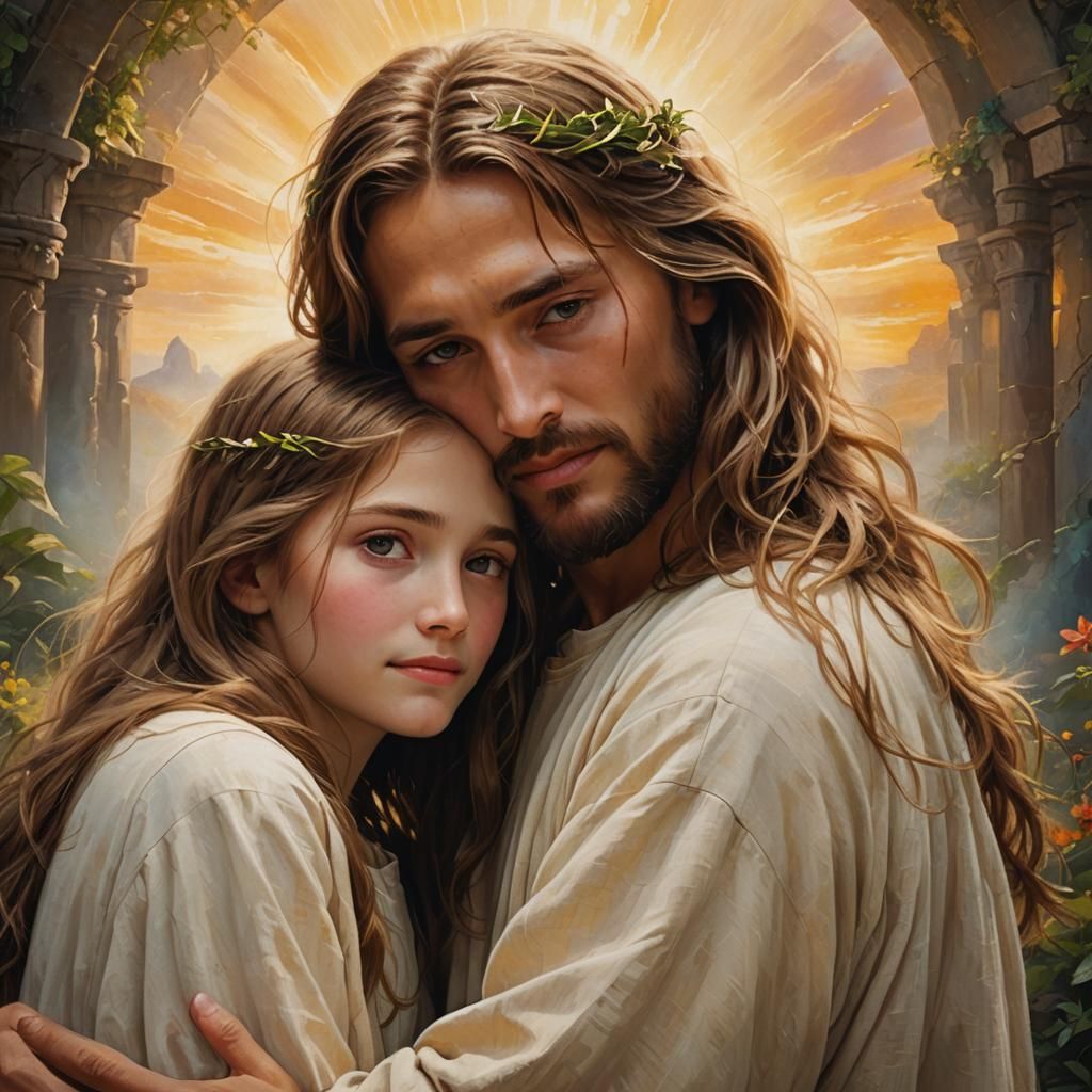 Jesus Comforts a Child: Fantasy Oil Painting