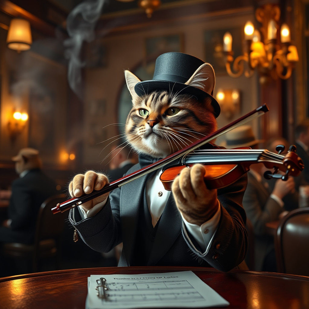Hyperrealistic Cat Pub Concert in Fine Art Style