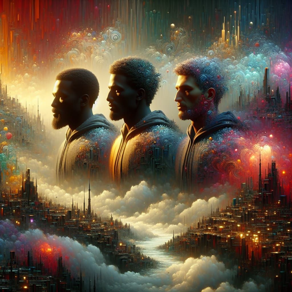 Three Men Receive a Mystical Code in Fantasy Matte Painting