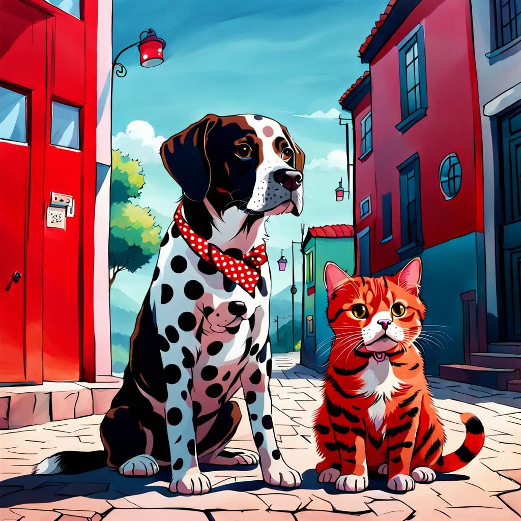 Polka Dot Dog and Red Cat Together