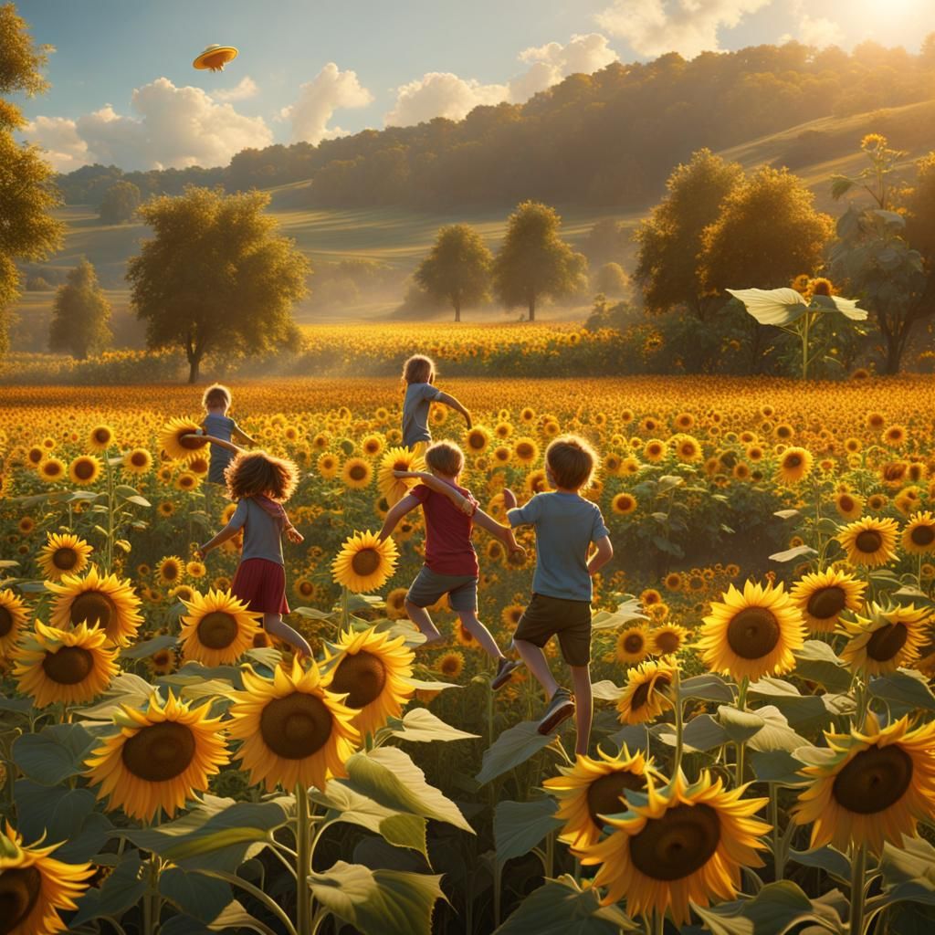 Children Playing Frisbee in Sunflower Field: Fantasy Art