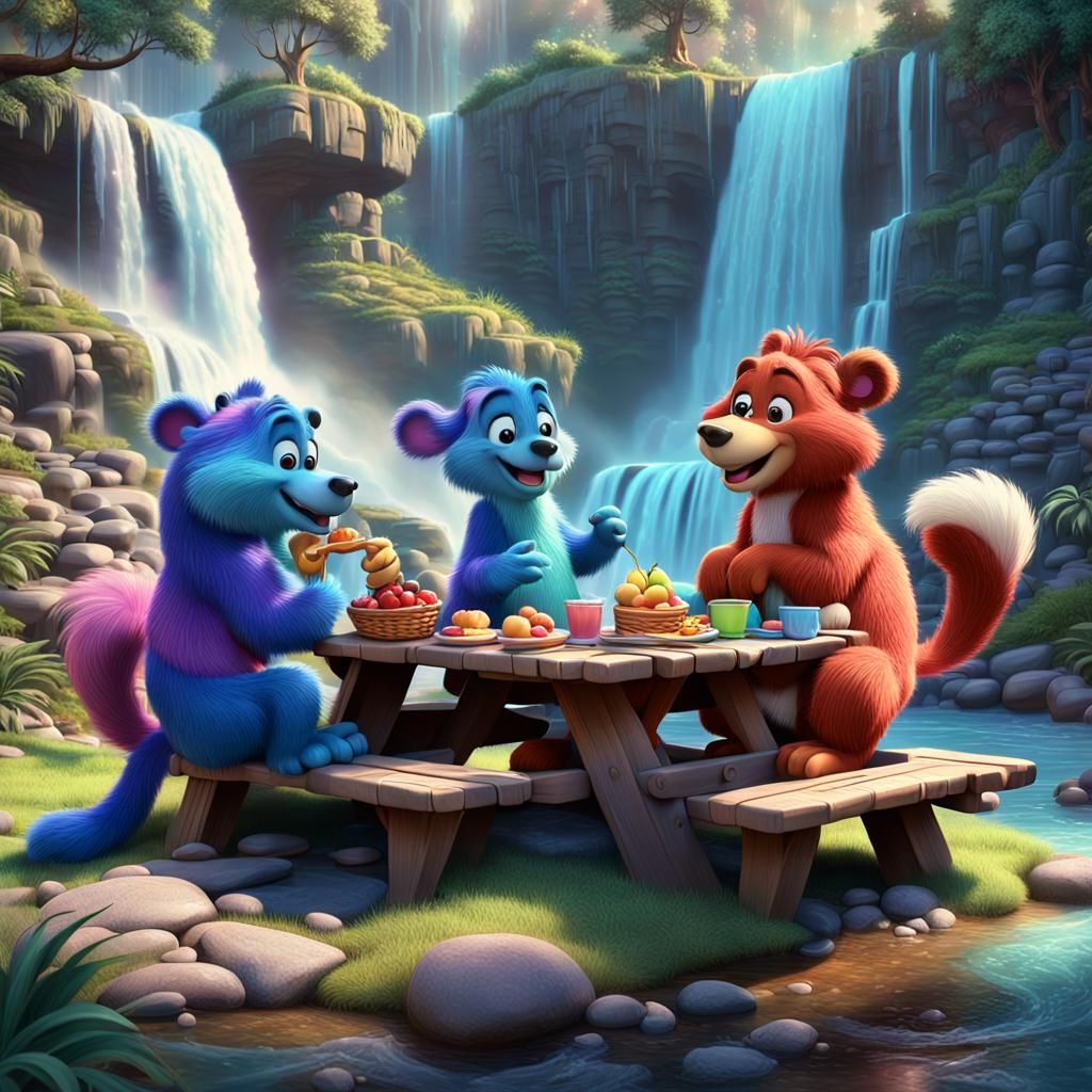 Disney Wuzzles Picnic by Magical Waterfall: 3D Digital Art