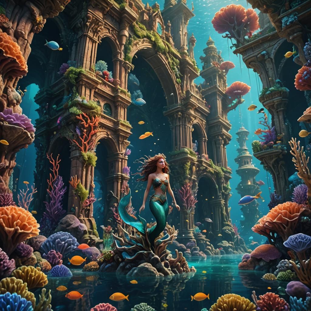 Mermaid in Front of Undersea Coral Palace