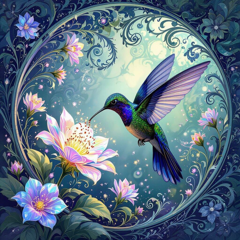 Iridescent Fractal Hummingbird in Crystalline Art Nouveau Ga...