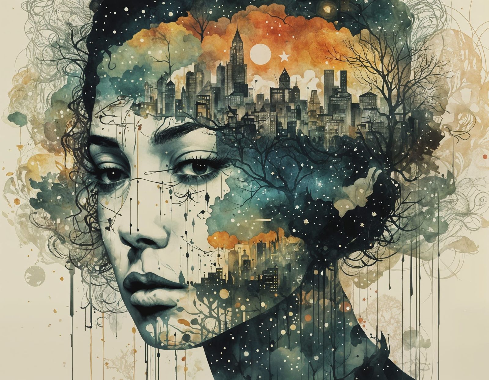 Galaxy Drips Into Cityscape Silhouette Princess Head