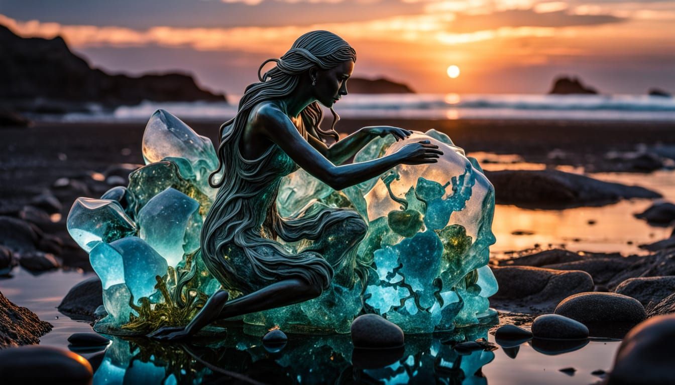 Fragmented Sea Glass Sculpture of Ethereal Woman with Flower