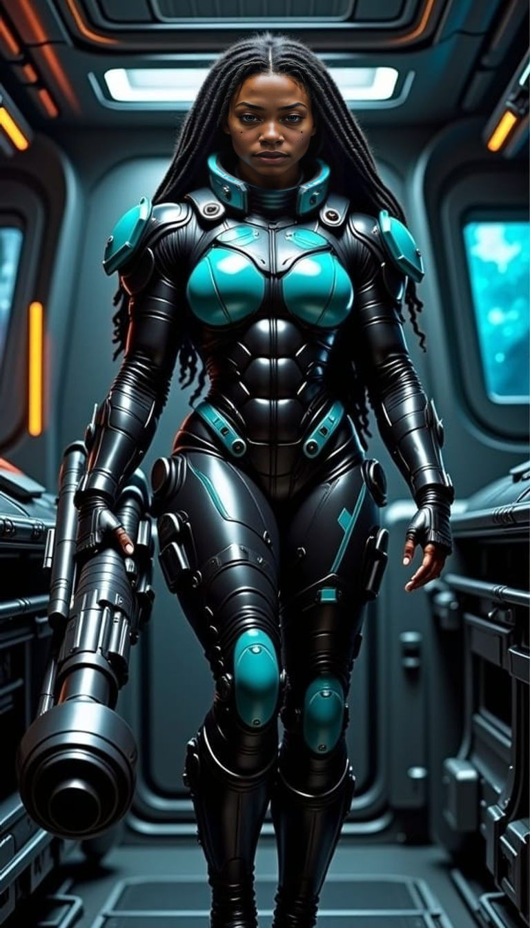 Majestic Black Female Space Pilot in Heroic Pose