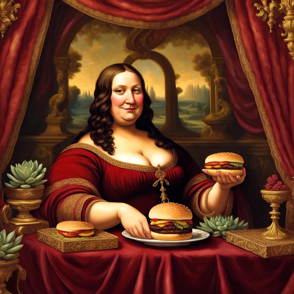 Mona Lisa Reimagined: Burger in Hand, Renaissance Style