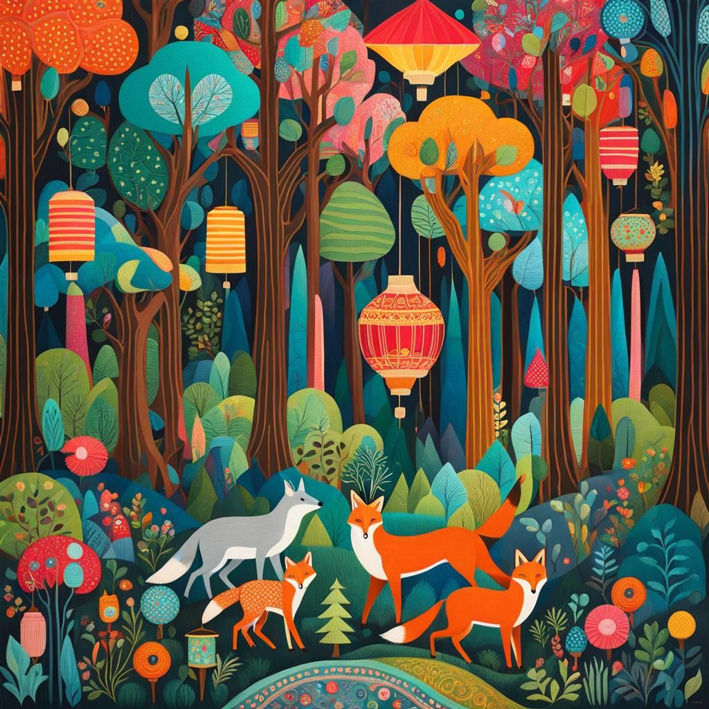Colorful Boho Forest with Lanterns in Naive Art