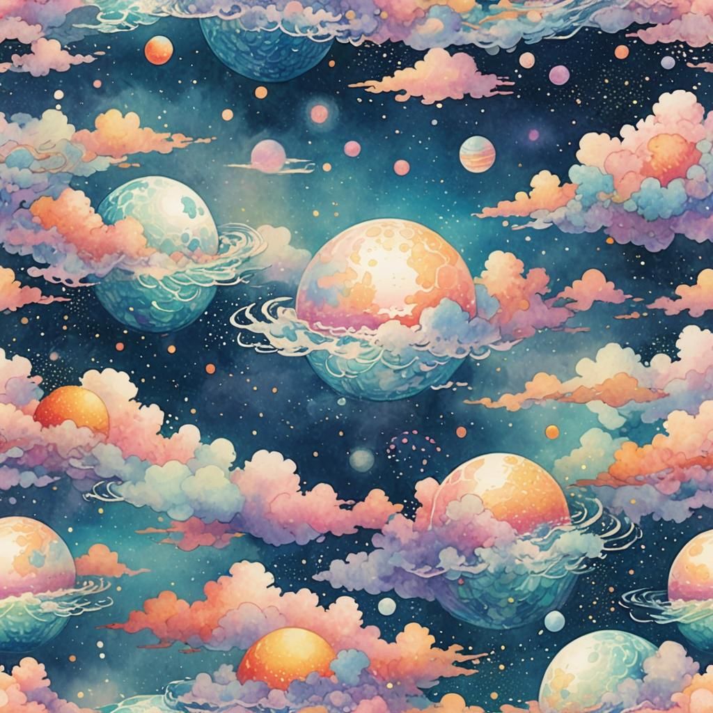 Spherical World Floating in Space: Pointillism Watercolor