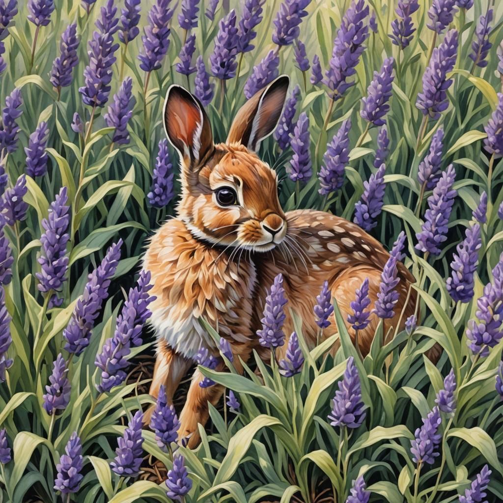 Sooty Fawn Bunny in Lavender, Gouache Watercolor