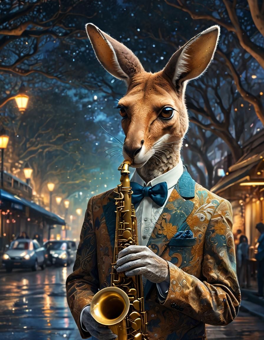 Kangaroo Saxophonist in Expressionist Digital Art