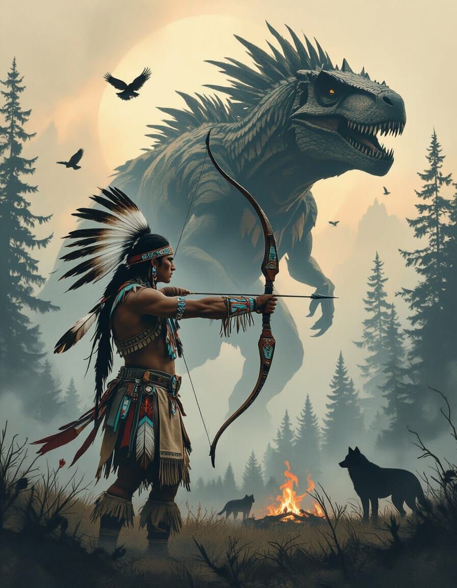Native American Warrior Confronts Carnosaurus in Surreal Daw...