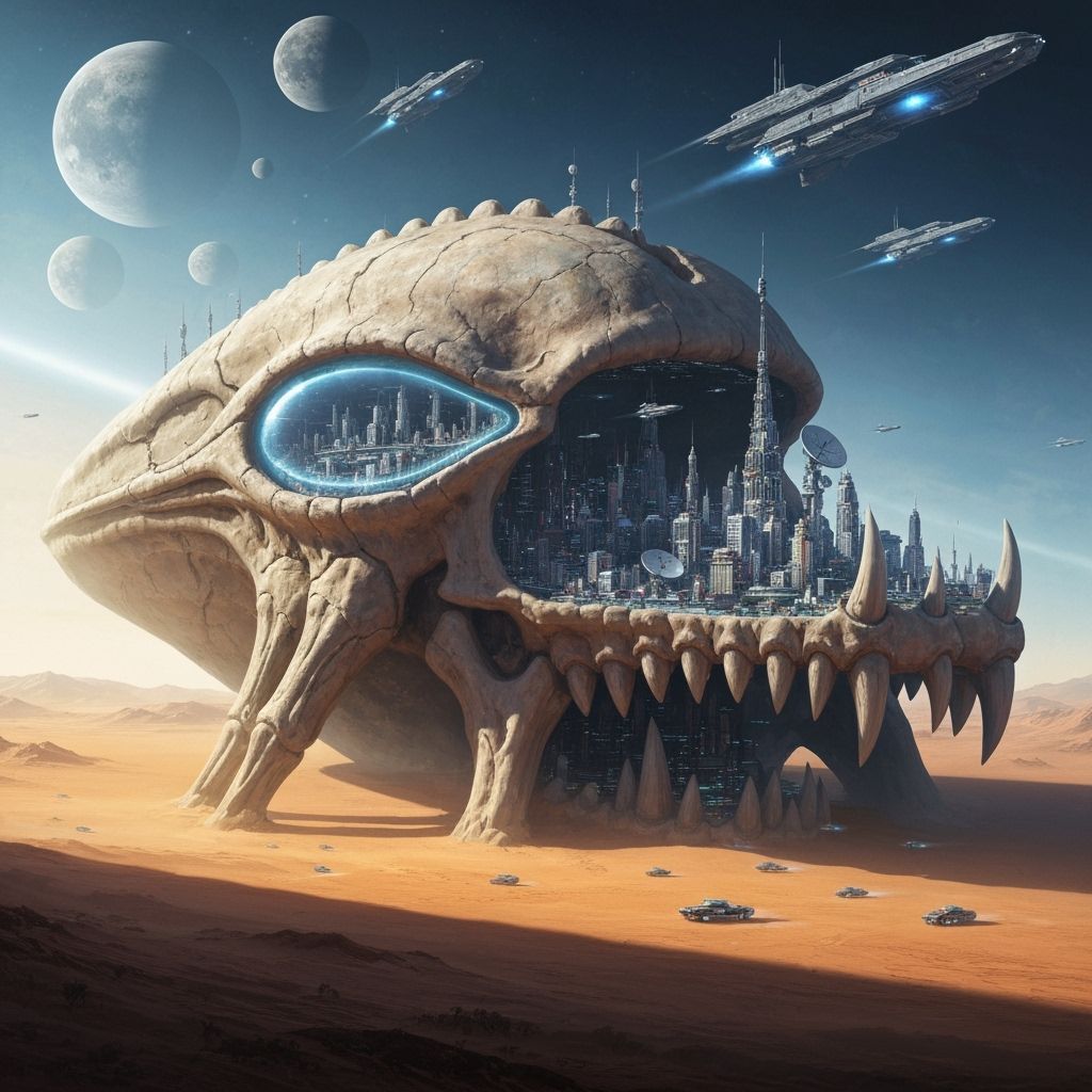 Alien City Within Giant Skull on Desert Planet