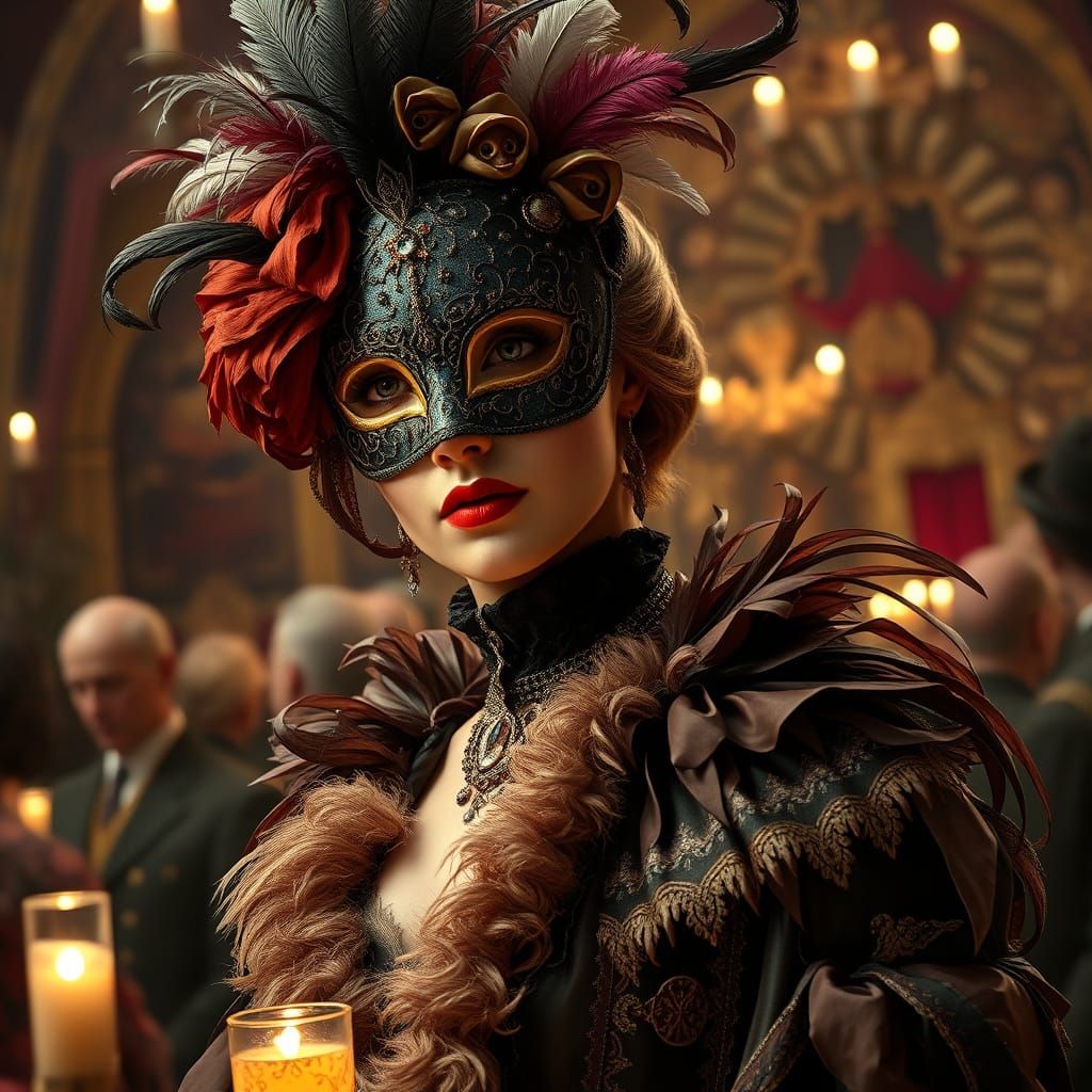 An 1880 masquerade ball, mask, feathers, elaborate costume, ...