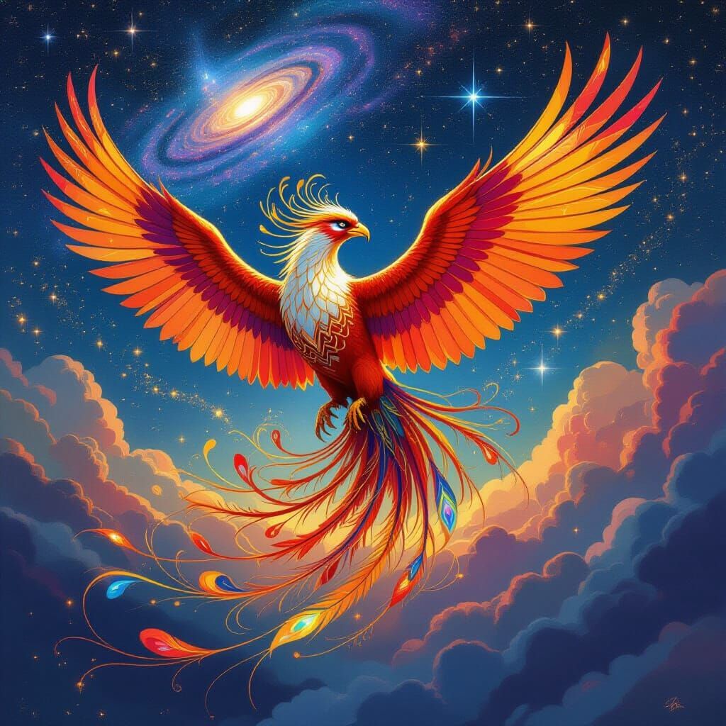 Iridescent Phoenix Soaring Through Celestial Sky