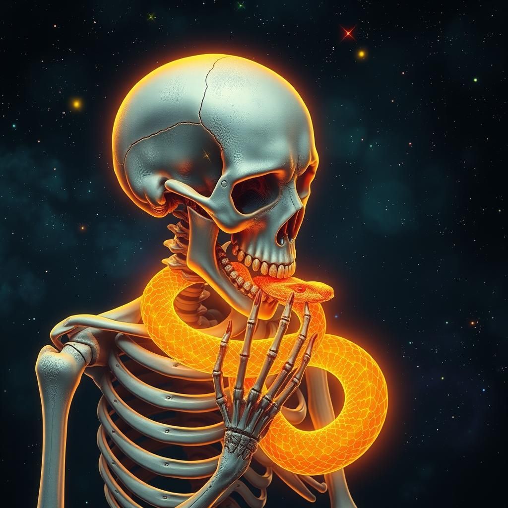 Skeleton Eating Glowing Snake in Visionary Style