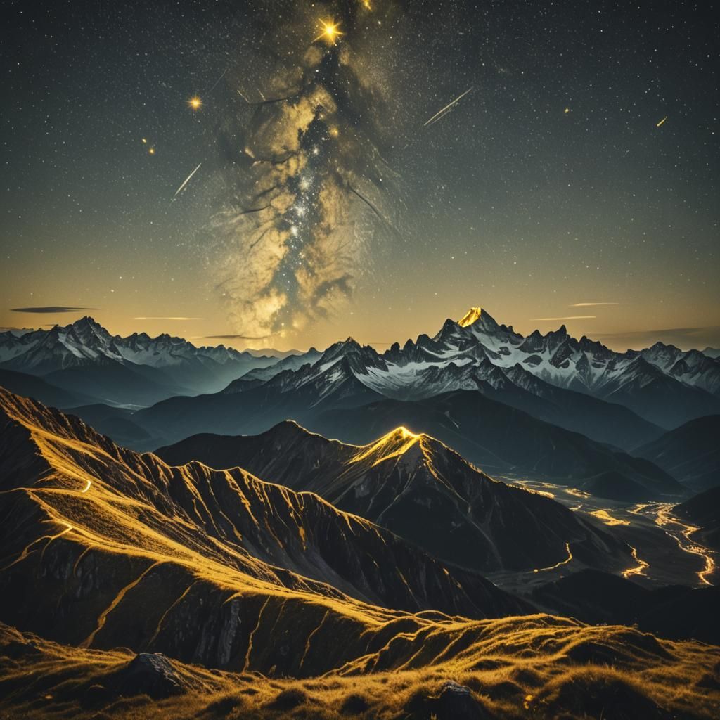Sparkling Mountains Under Yellow Stars in Film Style
