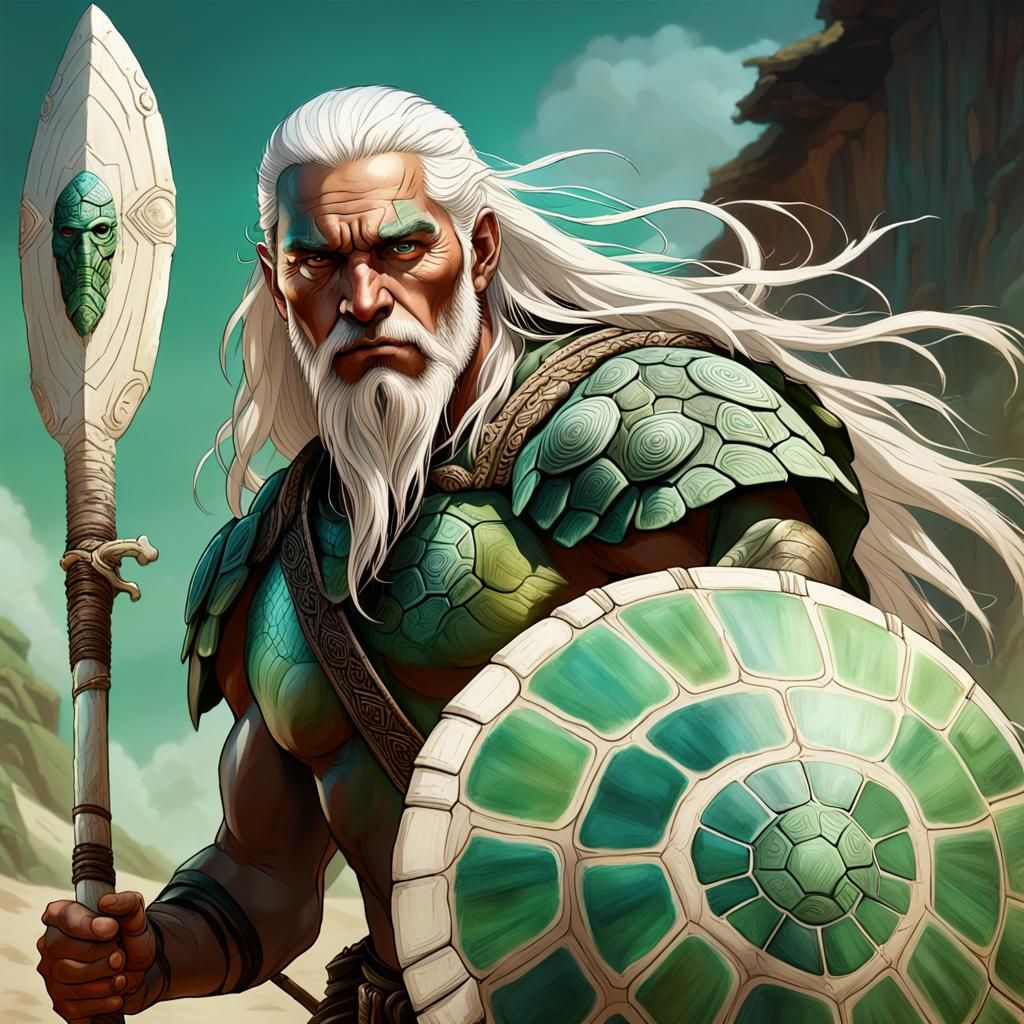 Warrior with Turtle Shield in Hyperrealistic Style