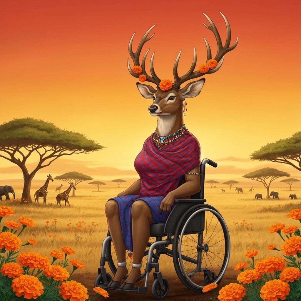 Deer Woman in Maasai Shúkàs in Wheelchair at Sunset