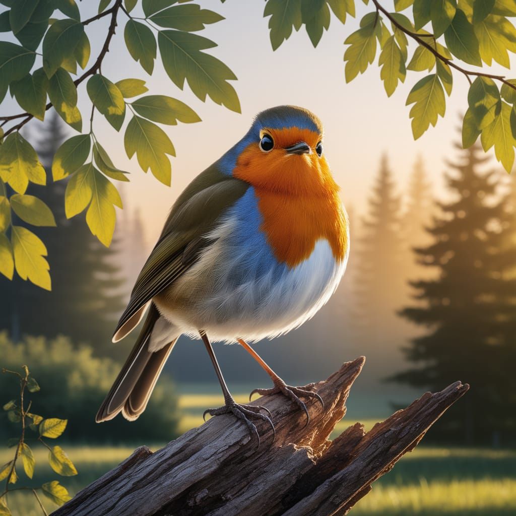 Proud Robin red breast stands tall on the branch facing the morning sun