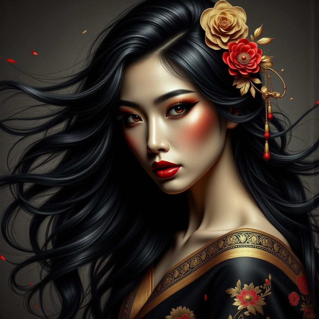 Dark Fantasy Geisha Portrait With Dramatic Lighting