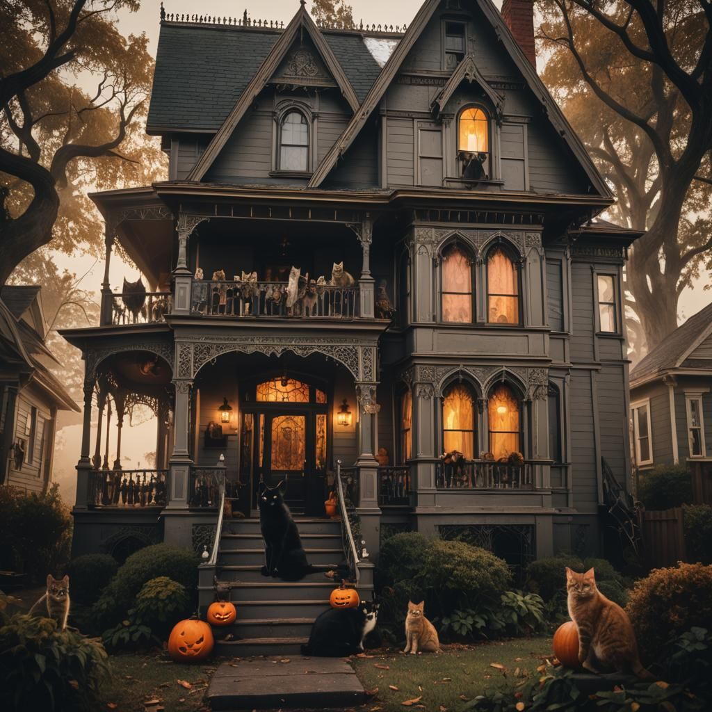 Victorian Halloween House with Cats: Moody Gothic Photograph...