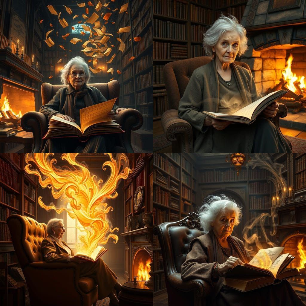 Epic Digital Painting of an Old Woman in a Cozy Booklined Ro...