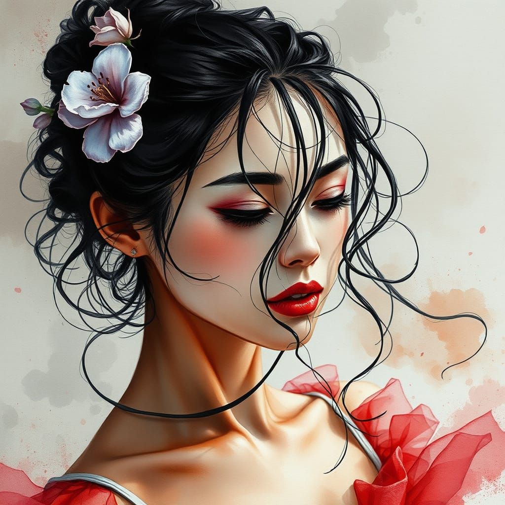 Determined Ballerina Portrait in Charcoal and Watercolor