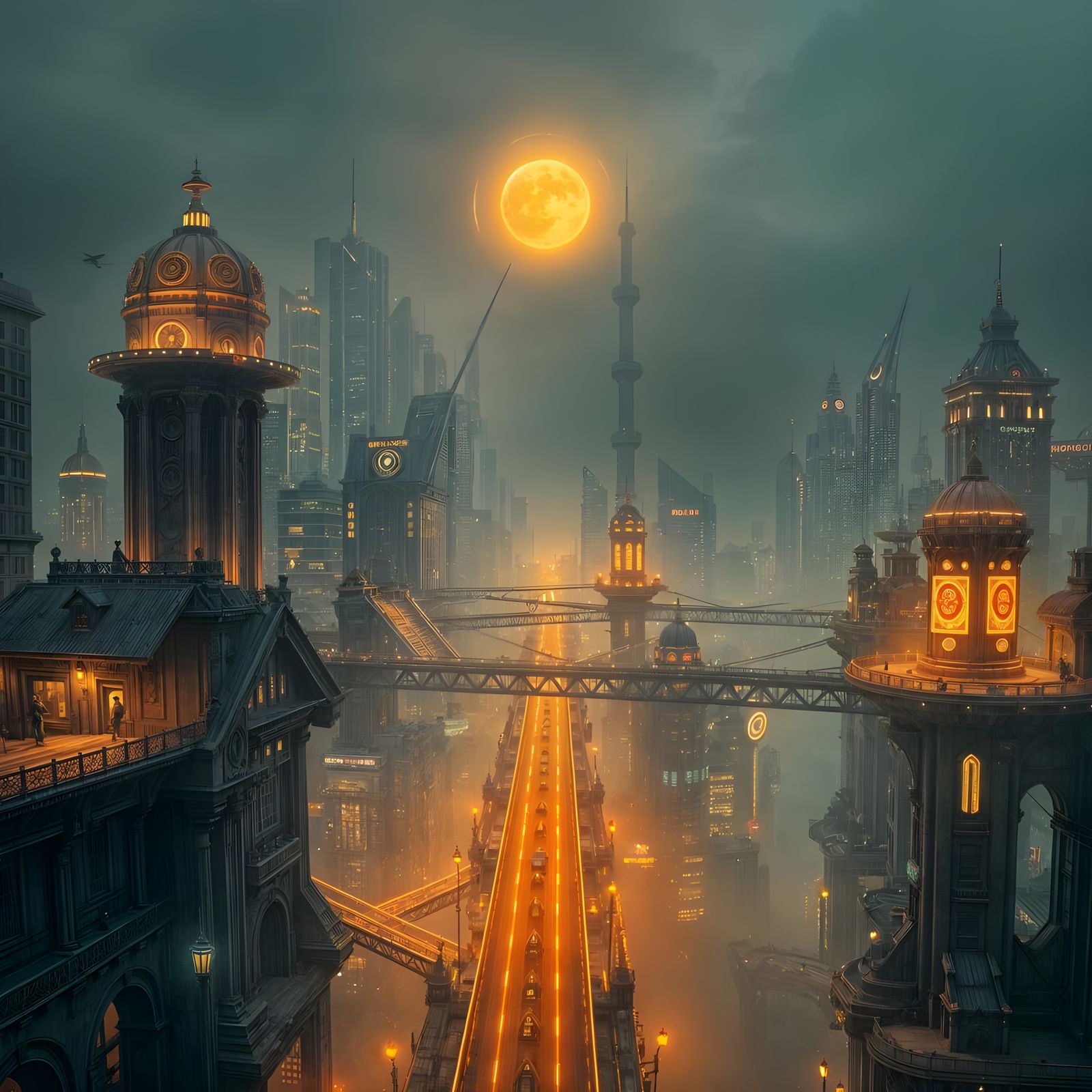 Detailed Cyberpunk Cityscape with Golden Sunset Glow