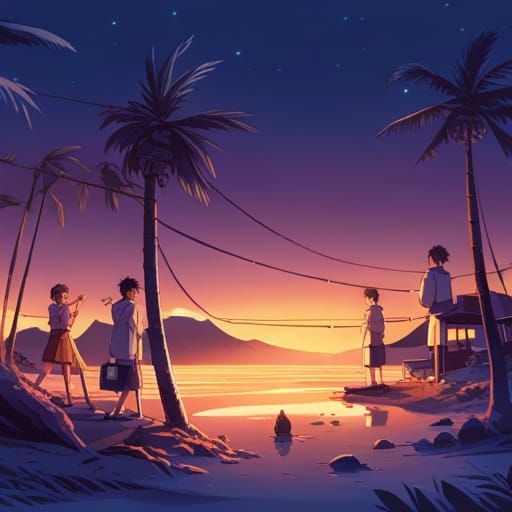 Anime Guys on Beach in Ghibli Style