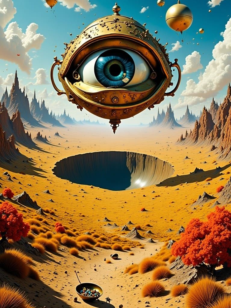Surreal Desert Landscape with Floating Eye Clock