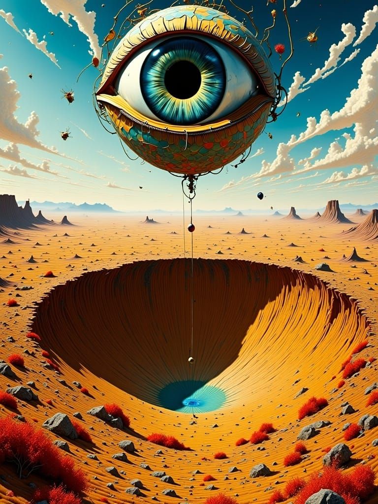 Surreal Desert Landscape with Autumn Leaves and Clock