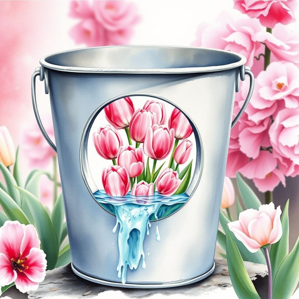 Watercolour Bucket Overflowing with Pink Tulips