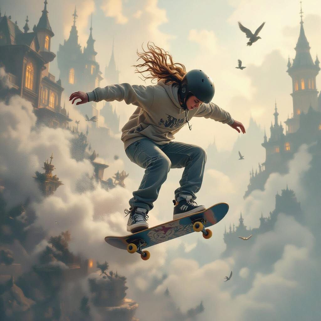 Dreamlike Skateboarder in Ethereal Fantasy Art